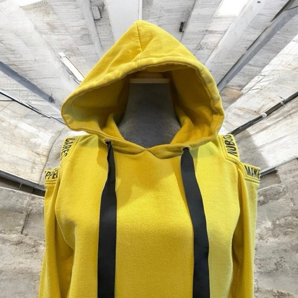 Yellow Cool Cat Oversized Hoodie Cold Shoulder Size XS